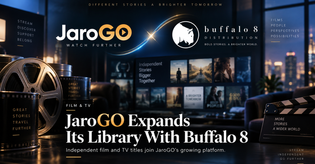 JaroGO and Buffalo 8 Distribution partnership graphic highlighting the expansion of JaroGO’s Film & TV streaming library.